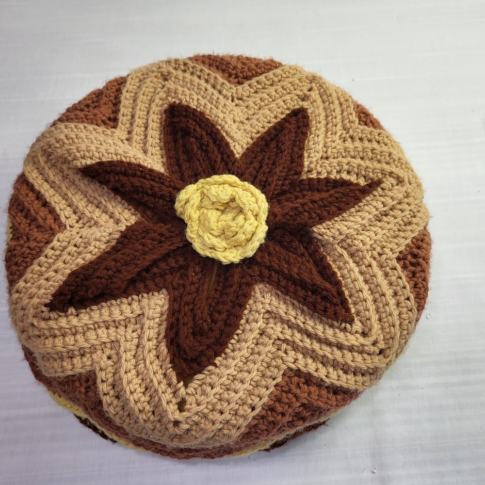 Handmade Crochet Flower Decorative Pillow Earth Tones Boho Grannycore Vtg MCM
